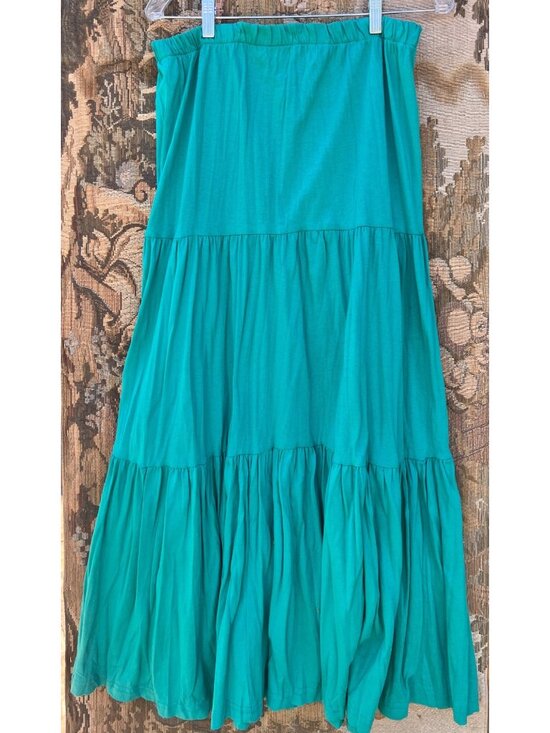 None Dresses & Skirts - Women's Size 14 Skirt Turquoise Tiered Peasant Cotton Knit Waist 39.5" L Boho